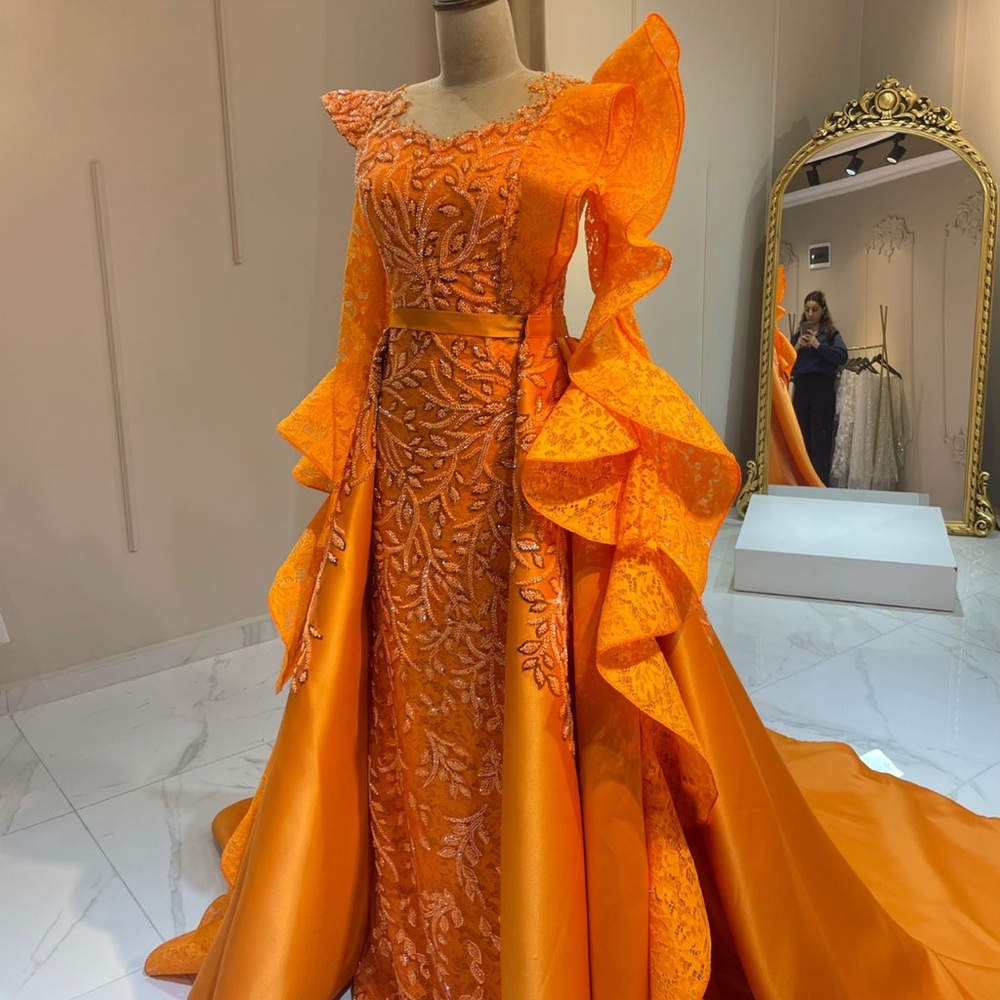 Orange Flutter Sleeve Off-the-Shoulder Wedding Gown